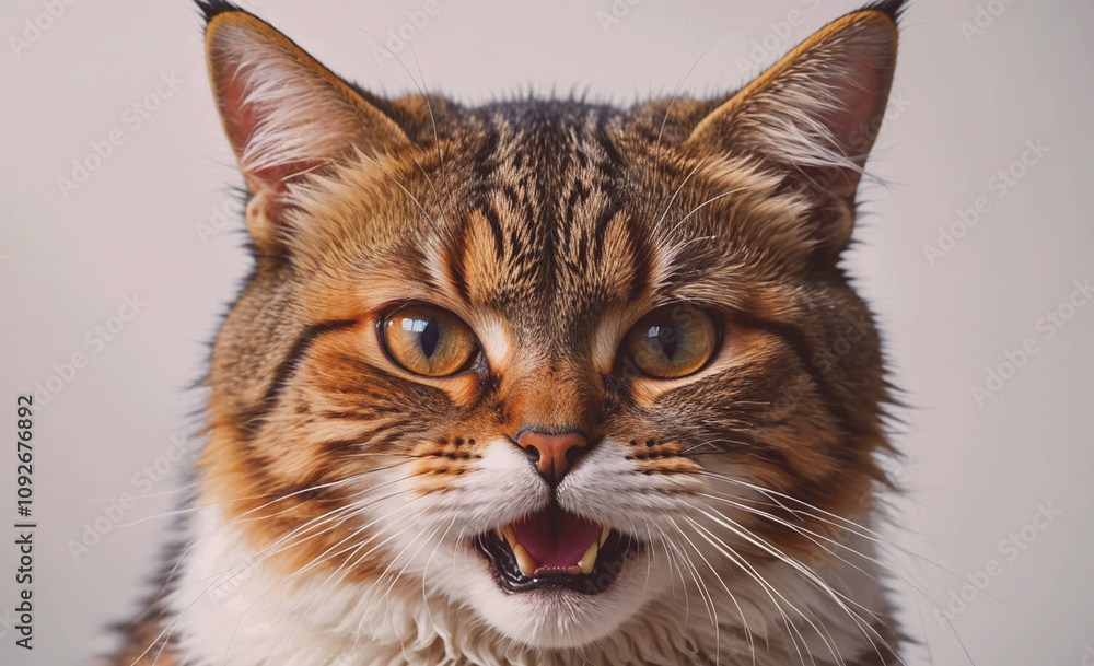 Poster cat with a yellowish orange face and brown fur. the cat has a mouth open and is making a loud noise