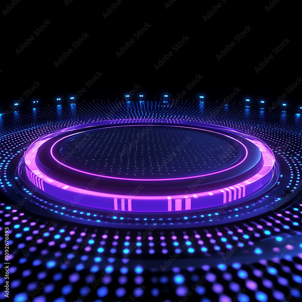 Poster vibrant neon circular stage with circular patterns and bright lights in a dark environment, suitable