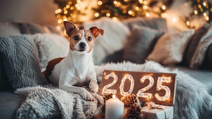 Heartwarming New Year's Eve setup featuring a 2025 sign and a curious cat or dog interacting with holiday decor. Christmas, New Year's Eve