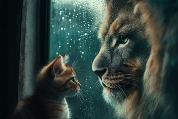 Naklejka premium Curious kitten meets majestic lion at rainy window indoor scene emotional connection