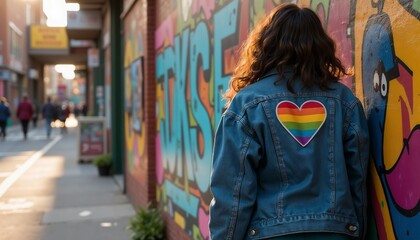  Woman in denim jacket with LGBT flag heart patch outdoors