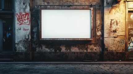 Blank urban billboard mockup with graffiti on grungy wall at night in empty city street