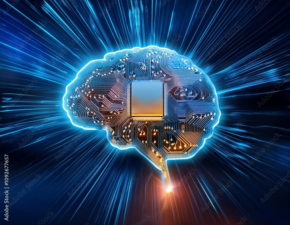 Poster intricate circuit board with illuminated brain symbol representing artificial intelligence technolog