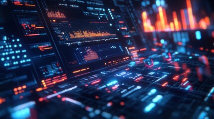 Obraz premium A robotic analyst processing renewable energy stock data, glowing interfaces and dynamic lighting