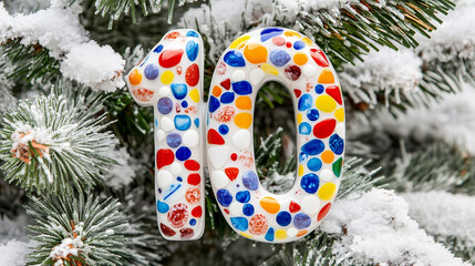 number 10 mosaic glass ornament for christmas tree decoration handing on a branch, stylish celebration