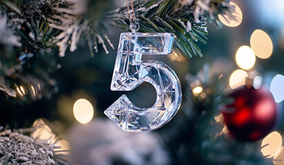 number 5 glass ornament for christmas tree decoration handing on a branch, stylish celebration