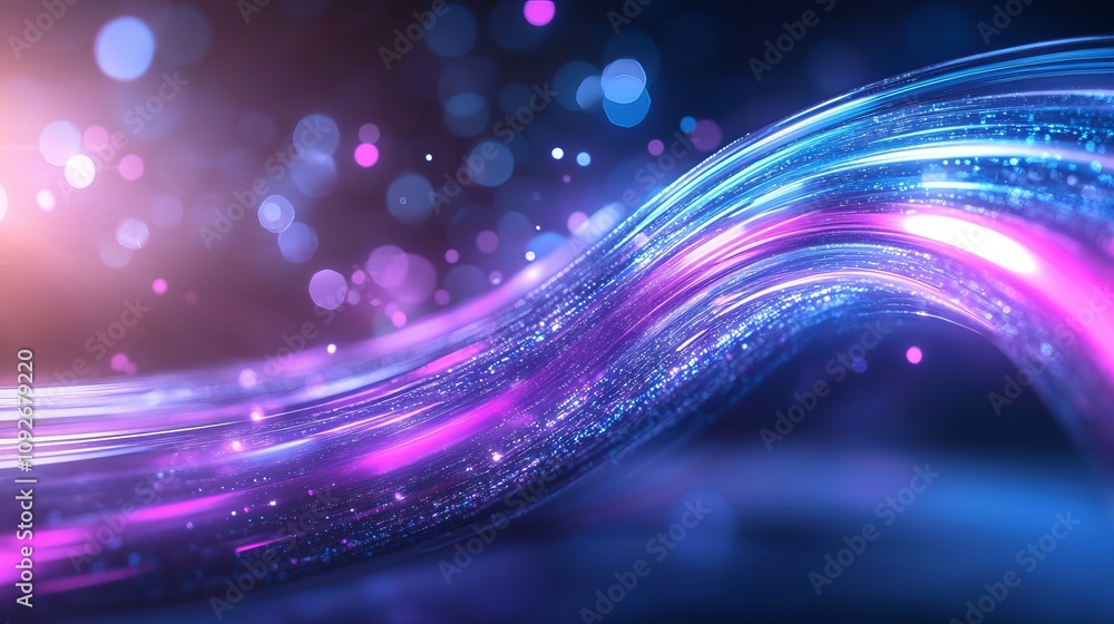 Poster vibrant flow of colorful light waves with glittering particles against a dark background, creating a