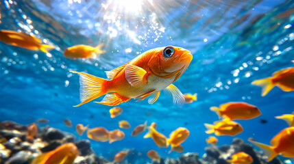 A vibrant underwater scene featuring goldfish swimming among colorful coral, illuminated by sunlight filtering through the water.