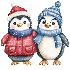 Fototapeta premium Charming penguins embrace winter together in warm hats and cozy sweaters