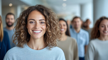 Smiling Woman Leading a Diverse Group of People in a Modern Office Environment During a Team-Building Event