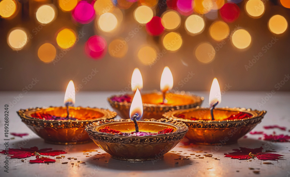 Poster four lit candles in gold bowls on a table. the candles are lit and the bowls are arranged in a row