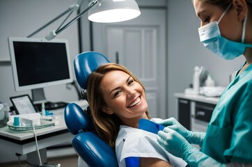 Fototapeta premium Smiling woman dentist wearing a white coat in a bright clinic, ideal for dental health and professional care visuals