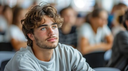 Fototapeta premium Intelligent-looking young male student, focused and determined, seated in a university classroom setting