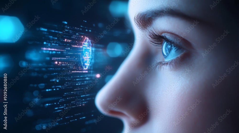 Poster close-up view of a woman's face with a futuristic digital interface projected in front of her eye, r