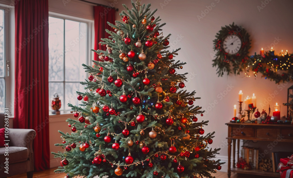 Poster large christmas tree with many red and gold ornaments. a clock is on the wall above the tree