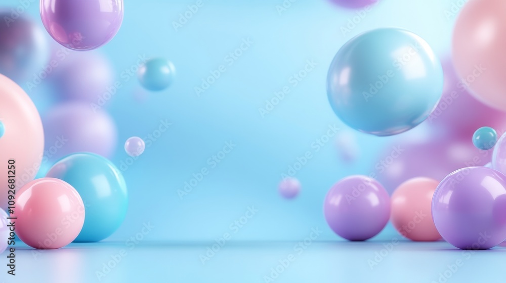 Poster soft colorful spheres in a bright blue background creating a playful and cheerful atmosphere ideal f