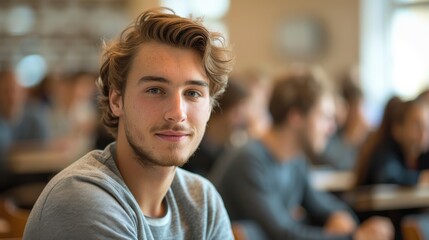 Fototapeta premium Intelligent-looking young male student, focused and determined, seated in a university classroom setting
