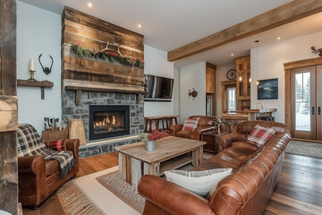 Rustic living room interior design concept with reclaimed wood furniture, cozy brown leather chairs, a stone fireplace, and plaid accents for a warm, inviting feel.