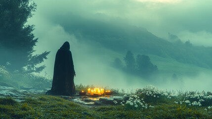 Lone figure in dark cloak performing ritual by candlelight on a foggy forested hillside. Themes of spirituality, mysticism, and nature connection.
