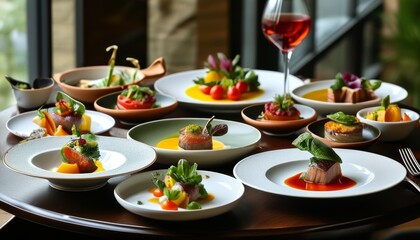 A gourmet course tasting menu featuring an array of vibrant dishes elegantly arranged on a wooden table