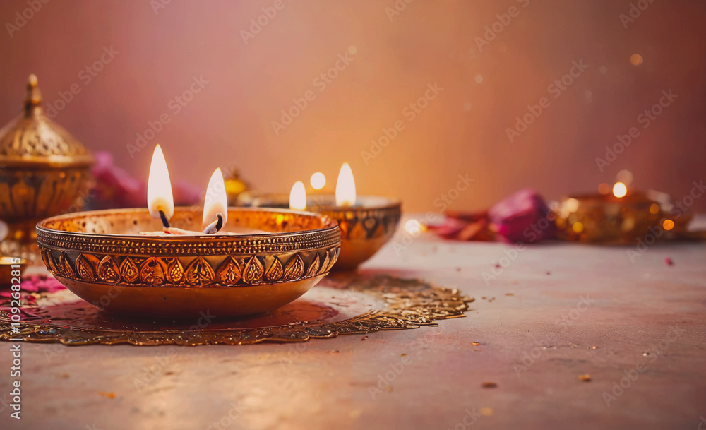 Poster three lit candles in gold bowls on a table. the bowls are placed on a table with a pink background