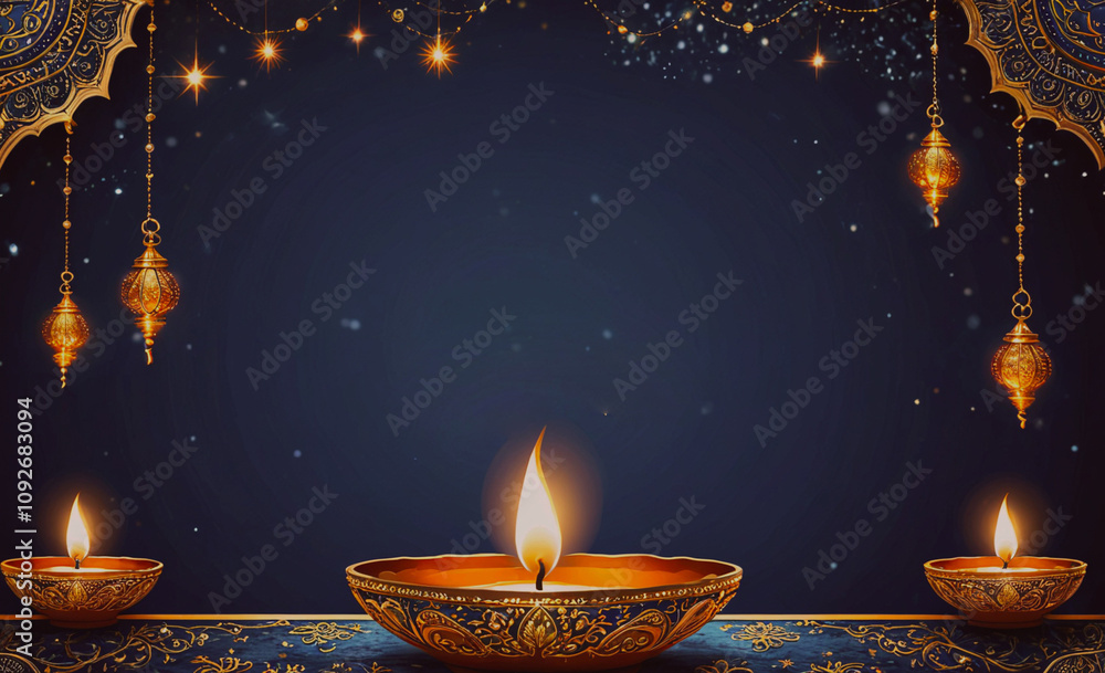Poster blue background with three lit candles in bowls. the candles are lit and the bowls are placed on a t