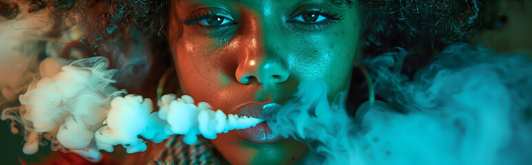 Close-Up of a Woman Exhaling Vapor with Colorful Lighting Effects