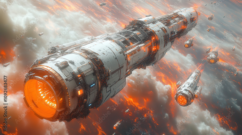 Aufkleber spaceship navigating through fiery skies filled with asteroids in a distant galaxy. generative ai