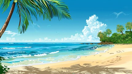 A cartoon beach scene with palm trees, a blue sky, and a calm ocean.
