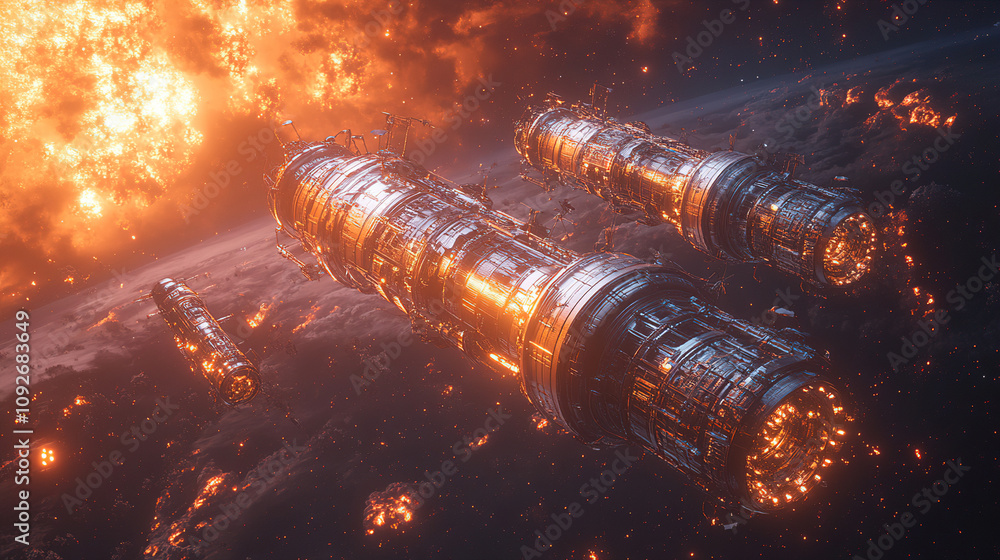 Poster spaceship fleet navigates through a spectacular cosmic explosion in deep space. generative ai