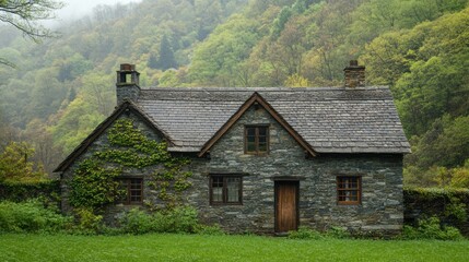 Obraz premium A quaint stone cottage surrounded by lush greenery in a misty landscape.