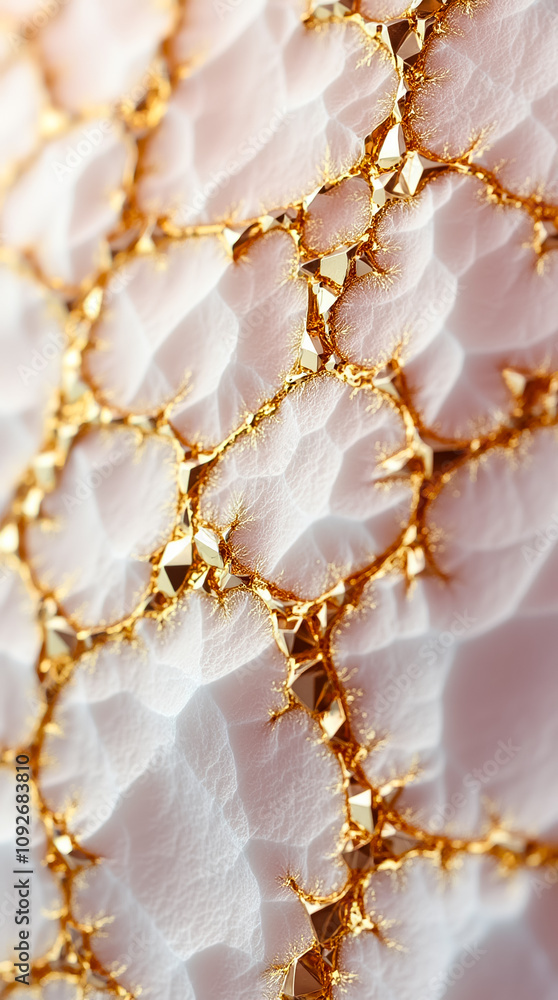 Poster close-up view of a textured surface displaying numerous triangular and polygonal gold facets arrange