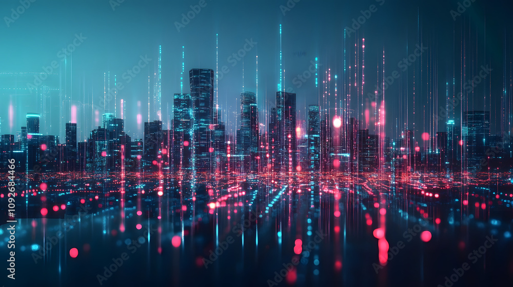 Aufkleber a city skyline with digital data streams representing internet connectivity and smart city technolog