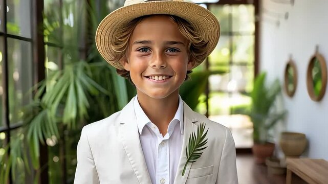 Elegant pageboy smiling, wearing suit and straw hat