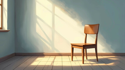 Fototapeta premium A single chair in a minimalist room, with a window casting soft light onto the floor
