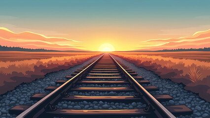 Fototapeta premium A single train track stretching into the distance, fading into the horizon in sunset