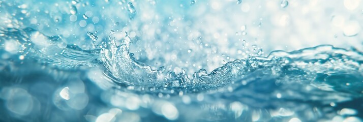 Dynamic water splash macro photography with turquoise blue tones. Crystal clear liquid motion capture with bokeh effects and water droplets in sunlight. 8k banner backdrop with copy space