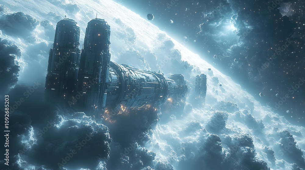 Poster spacecraft navigating through a nebula in a distant galaxy with swirling clouds and celestial bodies