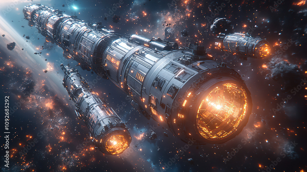 Poster spaceships traveling through a colorful asteroid field in deep space during a cosmic exploration mis