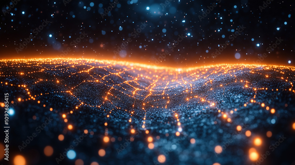 Aufkleber digital landscape with glowing nodes and illuminated connections at night. generative ai