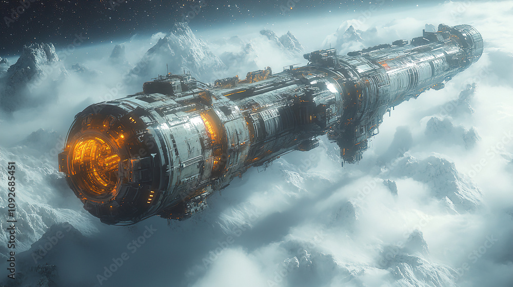 Aufkleber futuristic spacecraft hovers above a cloud-covered planet with glowing engines at the forefront of e