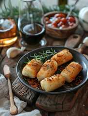 Rustic Spanish croquetas in a bowl, side view of traditional tapas dish
