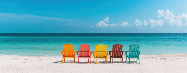 Colorful beach chairs lined up on sandy shore, overlooking serene ocean. vibrant hues of orange, yellow, and turquoise create cheerful atmosphere, perfect for relaxation