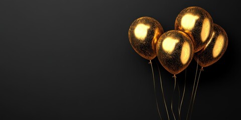 Elegant golden balloons sparkle against a sleek black background