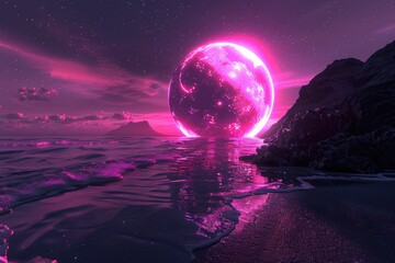 A glowing pink sphere rises above a dark ocean with a mountain silhouette in the background.