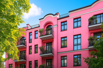 Vibrant Pink Apartment Building with Balconies and Greenery on a Sunny Day