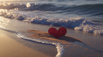Fototapeta premium Red heart on sandy beach at sunrise