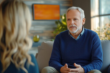 Fototapeta premium Psychologist or psychotherapist having session with her baby boomer man patient and writing notes, assessing patient's health and giving diagnosis. Psychotherapy session with old man.