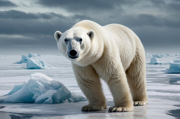 Polar bear walking on ice. North Pole, wildlife