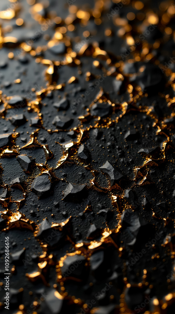 Poster close-up view of a textured surface with small triangular and polygonal gold facets creating an orna